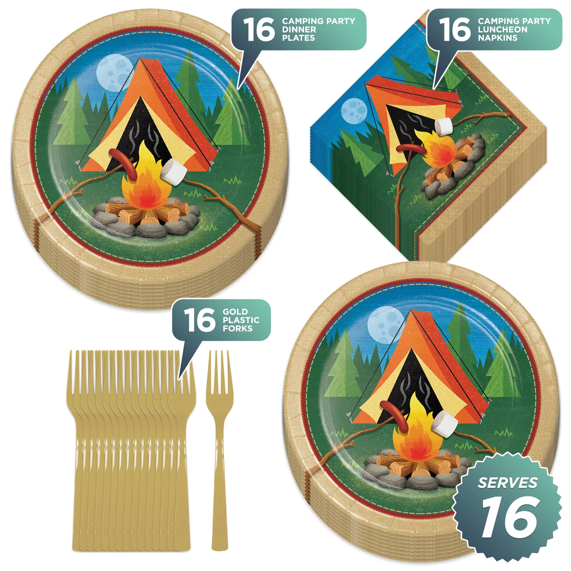 Camping Party Supplies - Round Paper Campfire Dinner Plates, Lunch Napkins, and Forks (Serves 16)