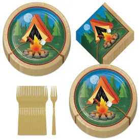 Camping Party Supplies - Round Paper Campfire Dinner Plates, Lunch Napkins, and Forks (Serves 16)