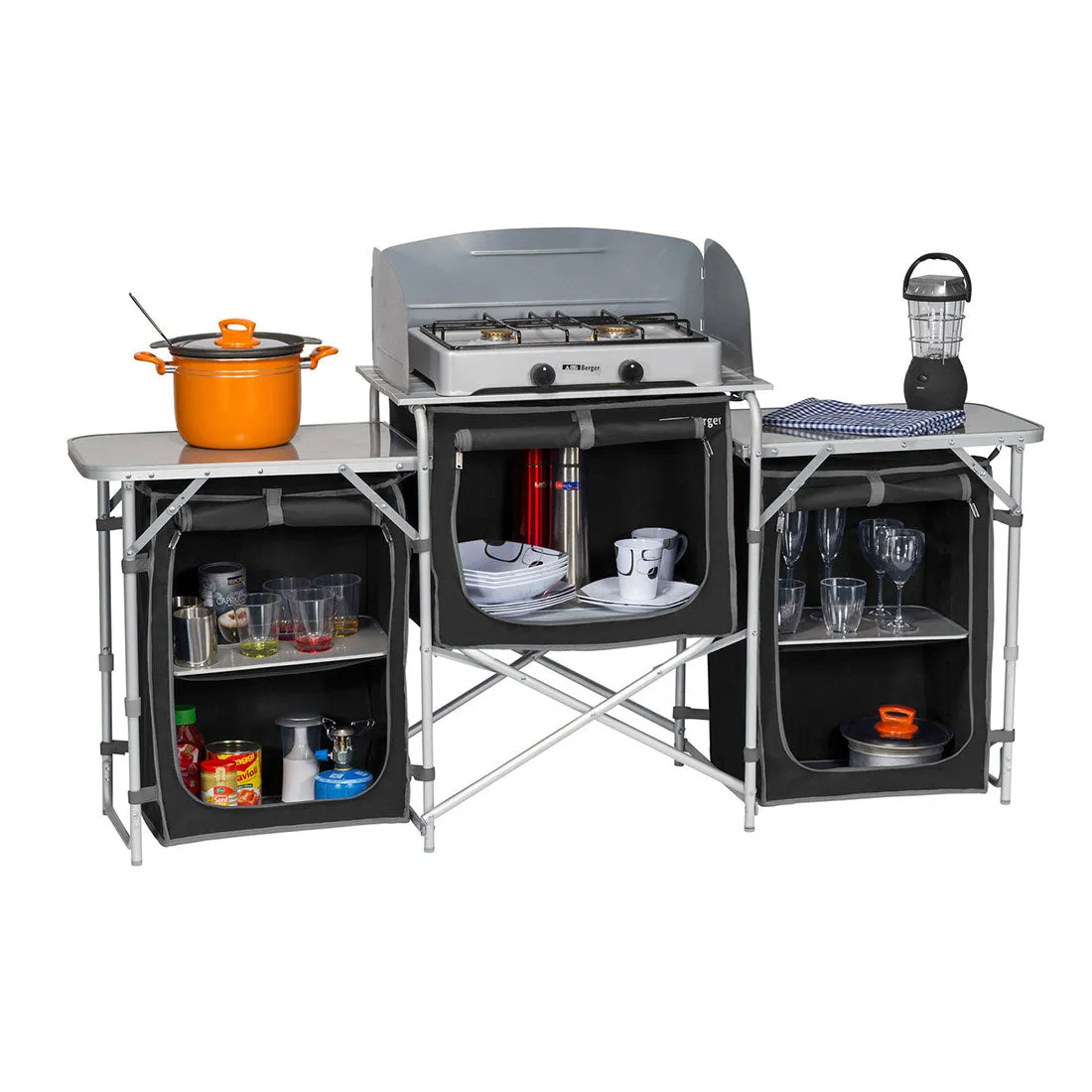 Deluxe Aluminium Foldable Camping Kitchen Picnic Cupboard Bench Table Windshield