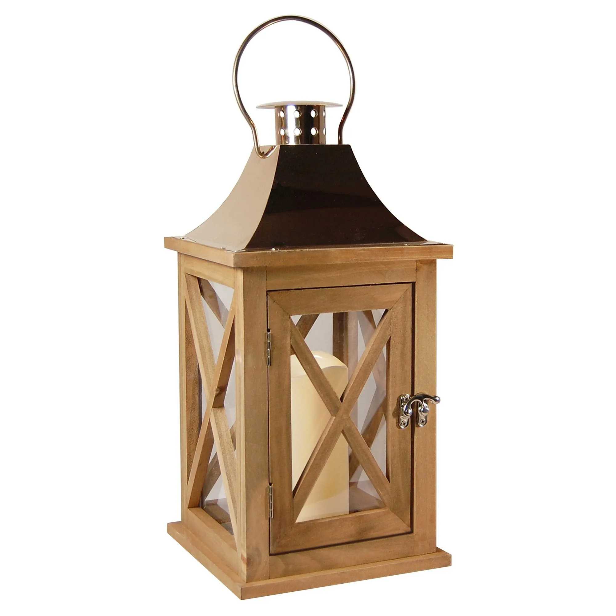 Natural Wooden Lantern with Copper Roof and LED Candle