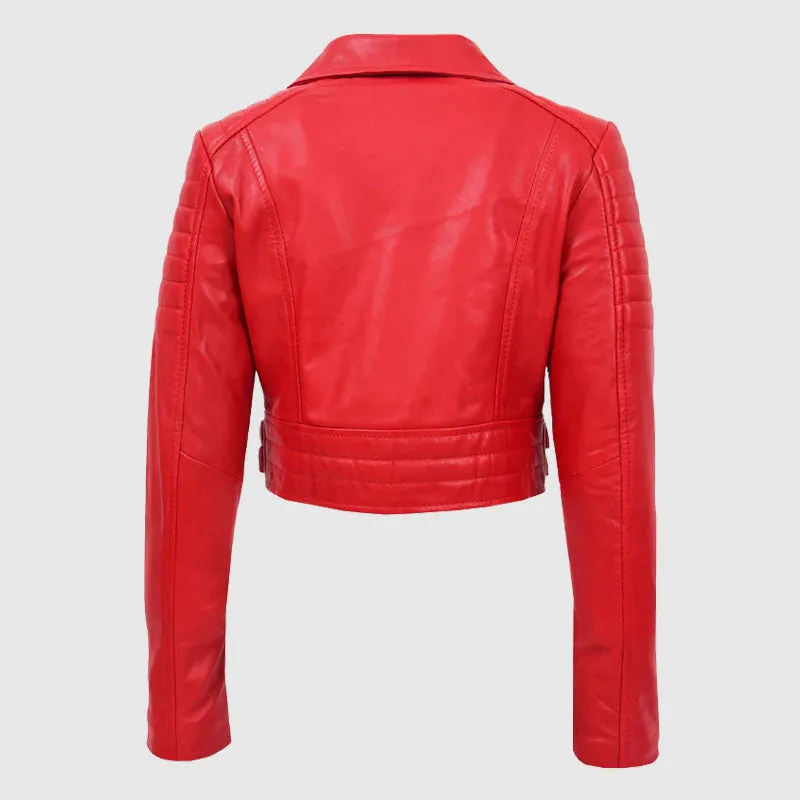 New Collection Womens Leather Cropped Biker Style Jacket Demi Red