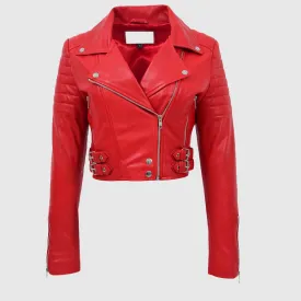 New Collection Womens Leather Cropped Biker Style Jacket Demi Red