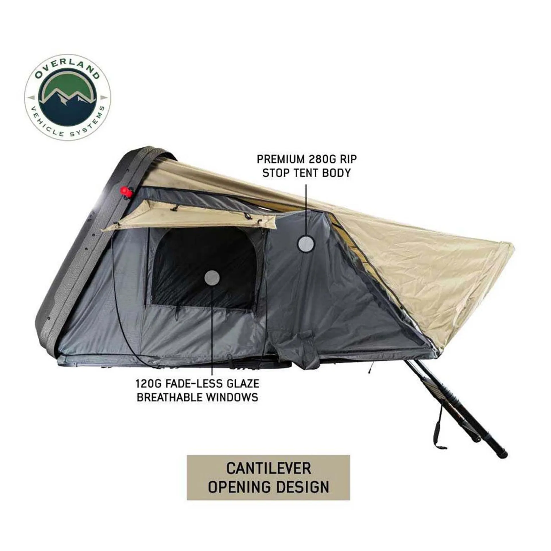 Overland Vehicle Systems HD Bundu Cantilever Hard Shell Roof Top Tent, Grey Body & Green Rainfly