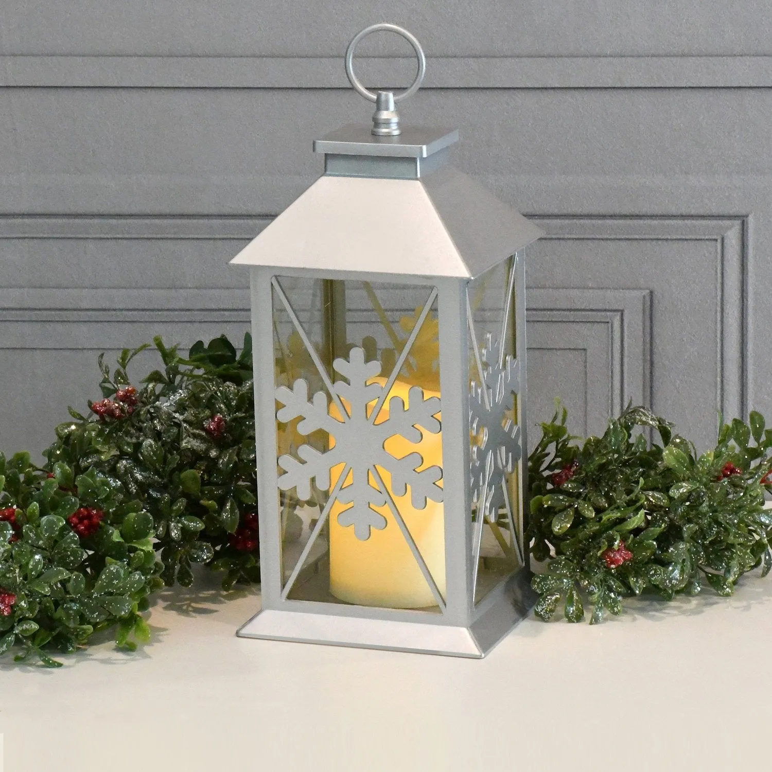 Silver Snowflake Lantern with Battery Operated Candle