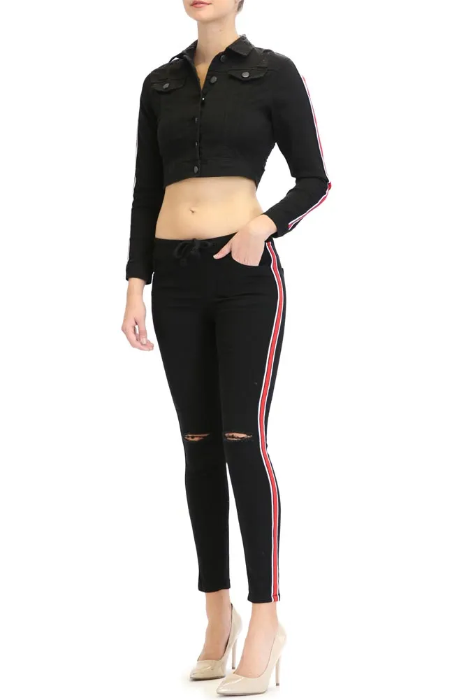 Women's Destroyed Side Striped Band Jacket and Jogger Set